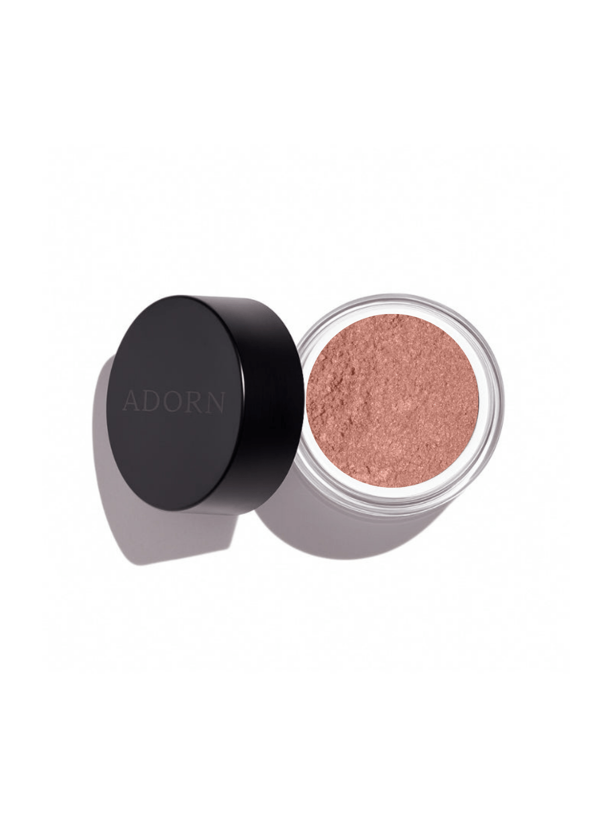 Open container of cosmetic loose mineral eyeshadow shade charity with 'ADORN' branding on a white background
