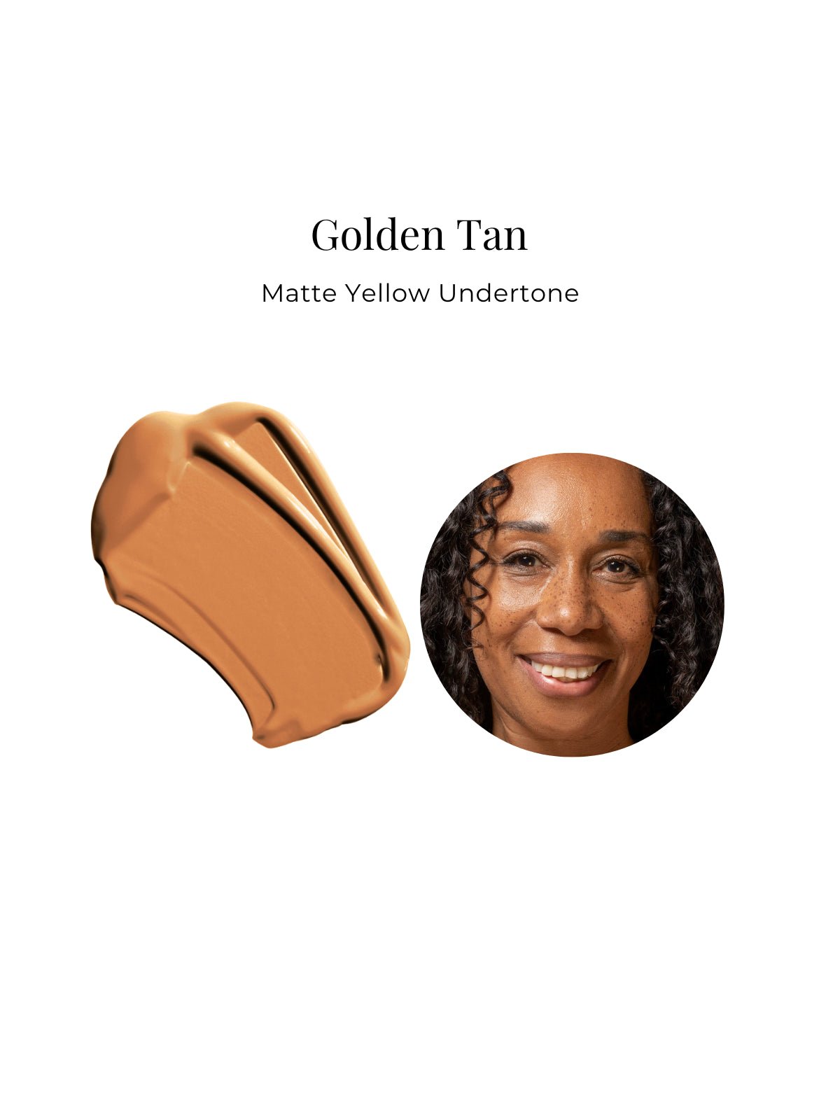 Cosmetic foundation sample with a woman's face showing Golden Tan color on a white background