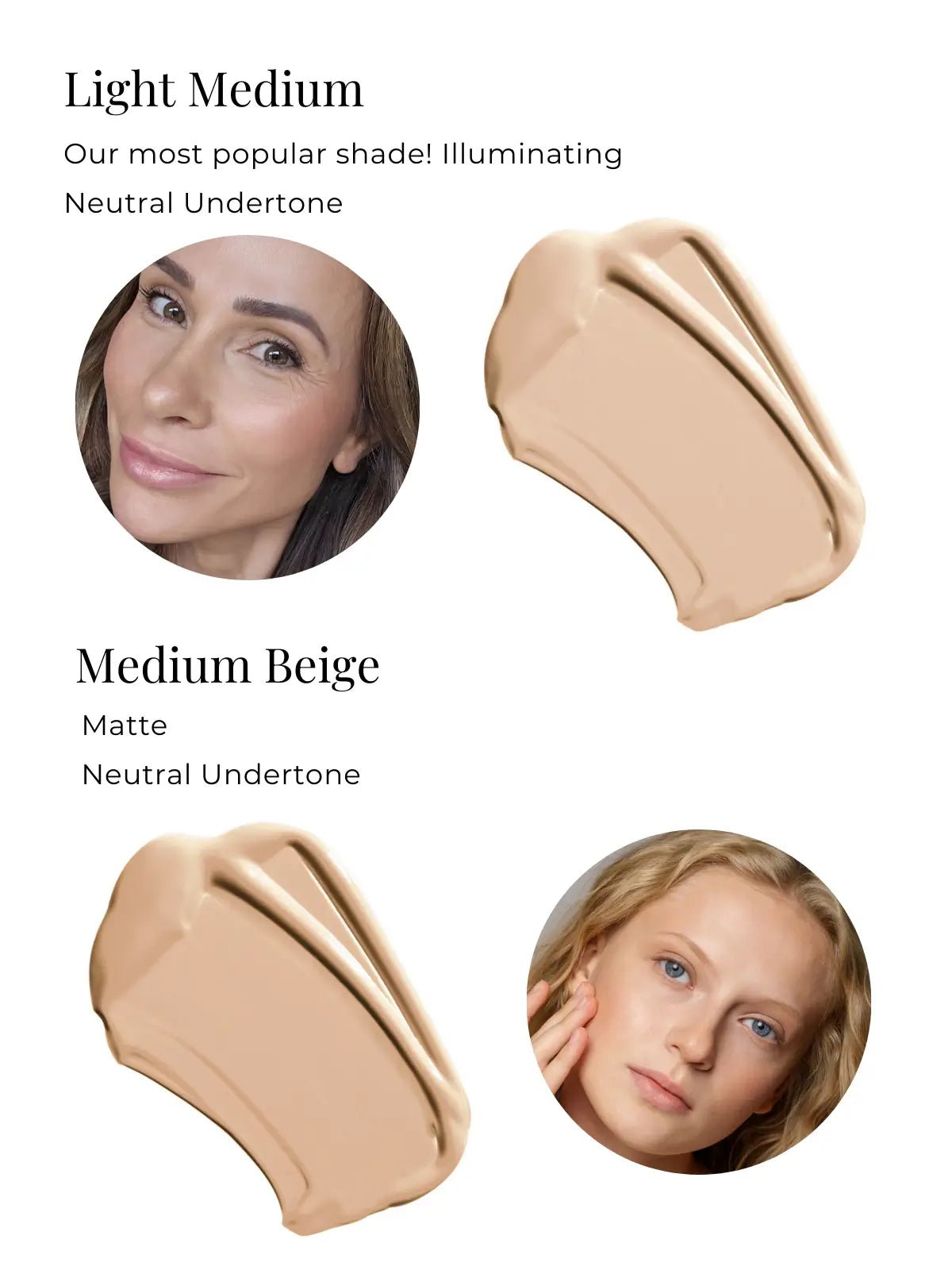 Cosmetic shade swatches with faces for 'Light Medium' and 'Medium Beige' on a white background.