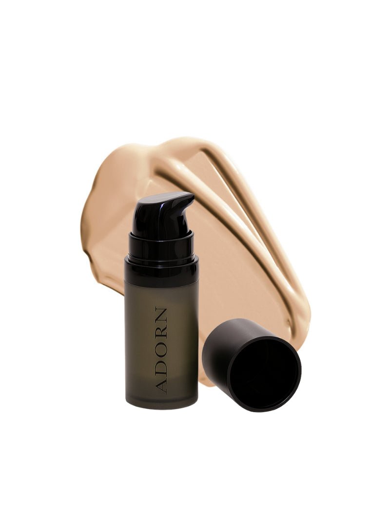 Cosmetic bottle labeled 'ADORN' with a beige color swatch on a white background