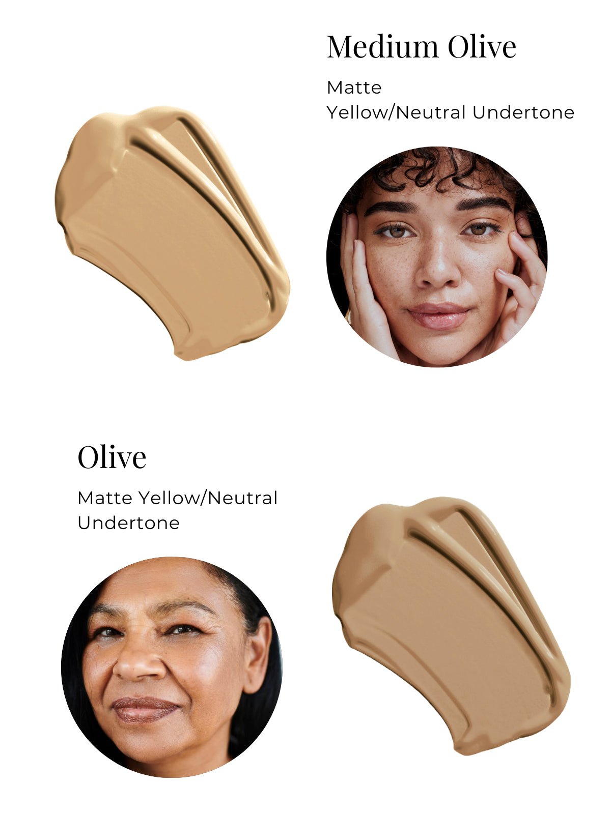 Two beige makeup swatches with a woman's face showing the color on her skin.