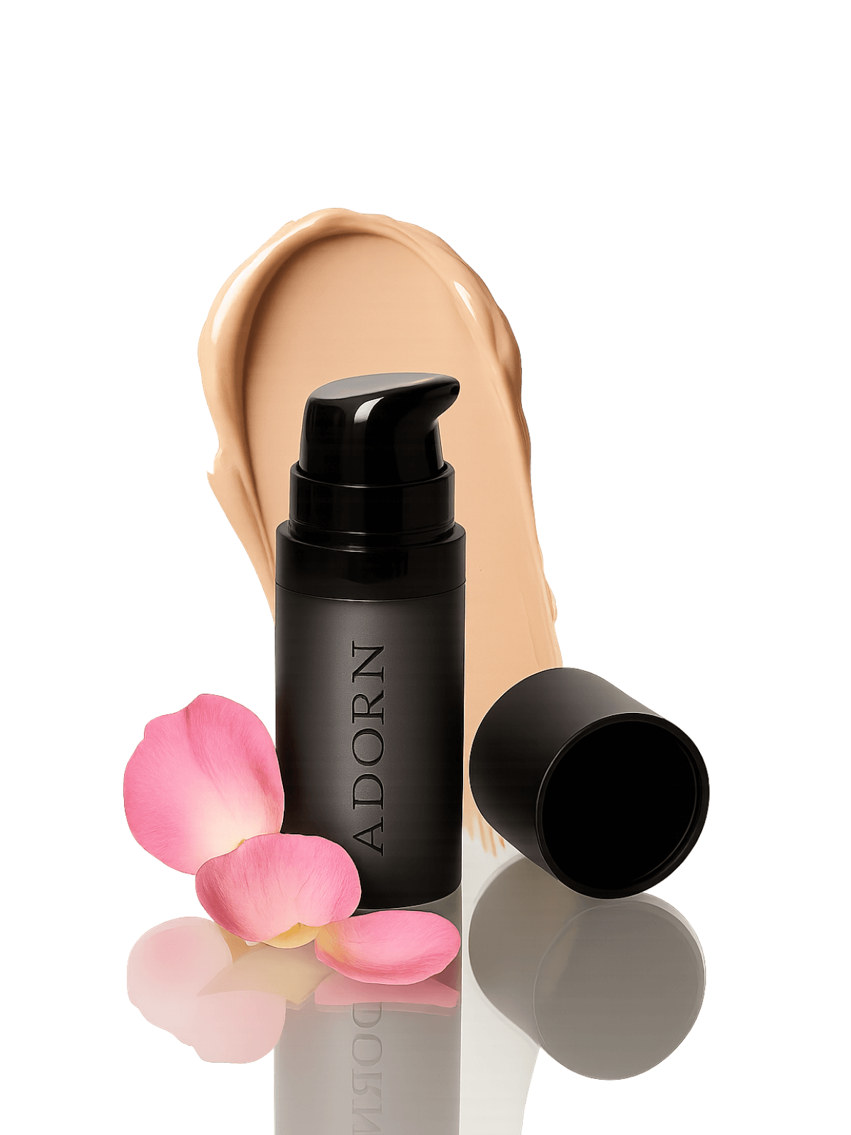 Black cosmetic bottle labeled 'ADORN' with pink petals on a reflective surface