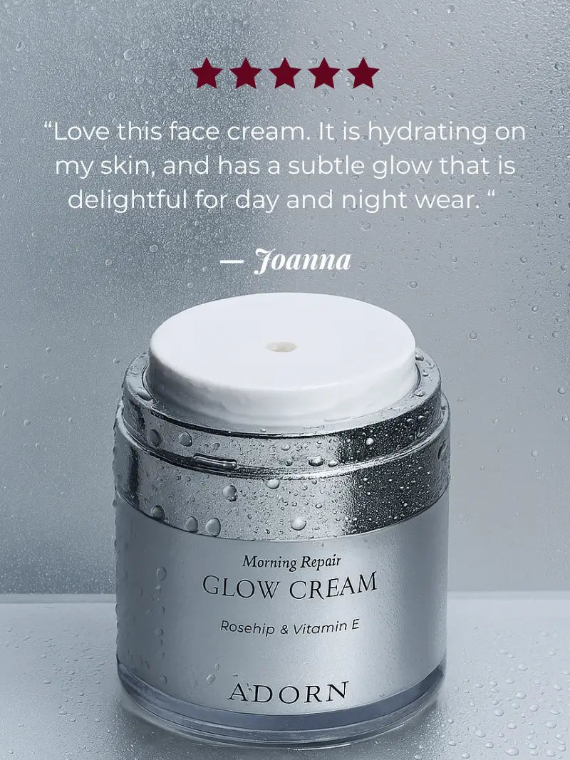 Jar of the best day cream for mature skin with customer review on a gray background