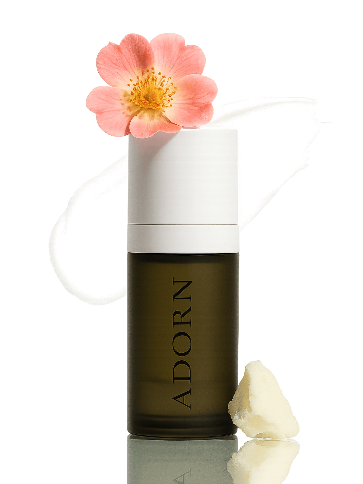 Skincare bottle of best day cream for mature skin travel size labeled 'ADORN' with a pink flower on a white background