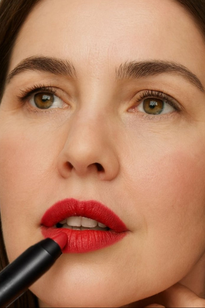 Mature woman applying red mineral lipstick crayon — natural everyday makeup