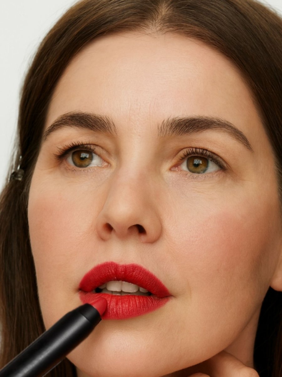 Close-up of a mature woman applying red lipstick with a focus on the lips. While wearing best setting powder for oily skin.