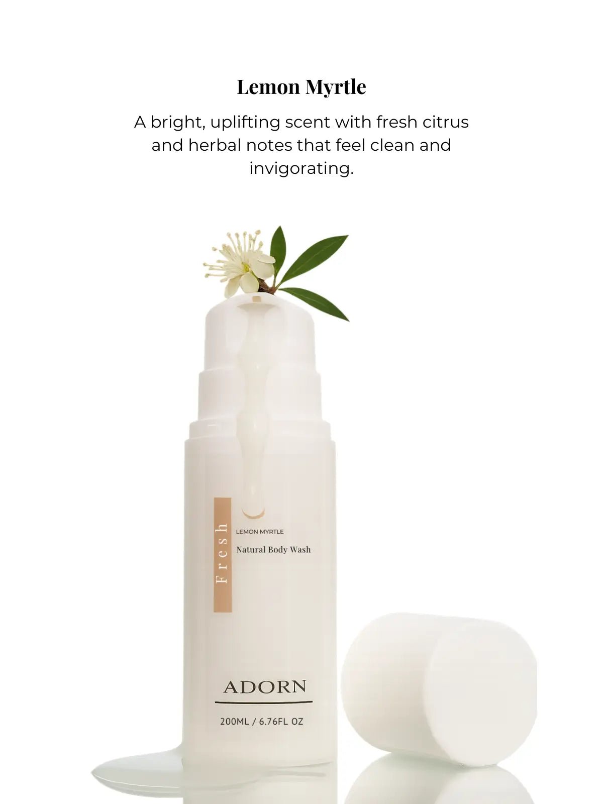 White bottle of ADORN body wash with lemon myrtle fragrance on a white background