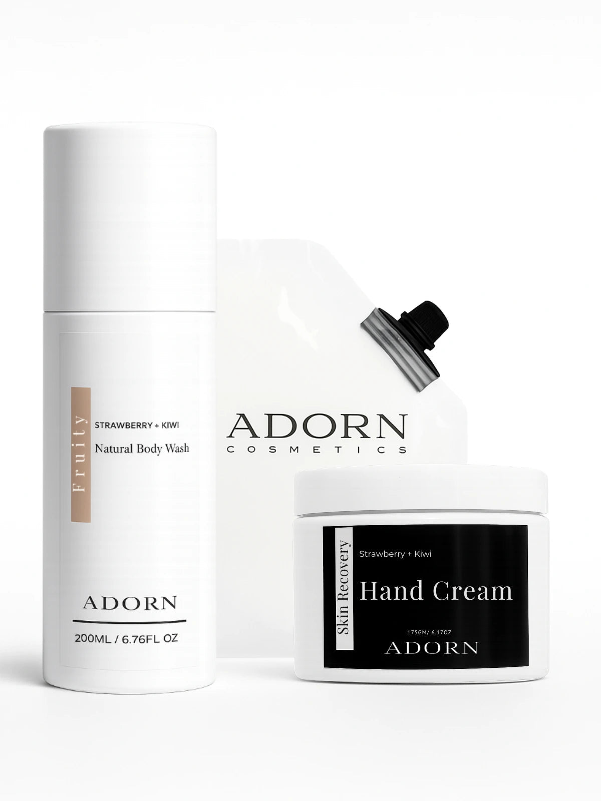 Adorn Cosmetics hand cream and body wash on a white background