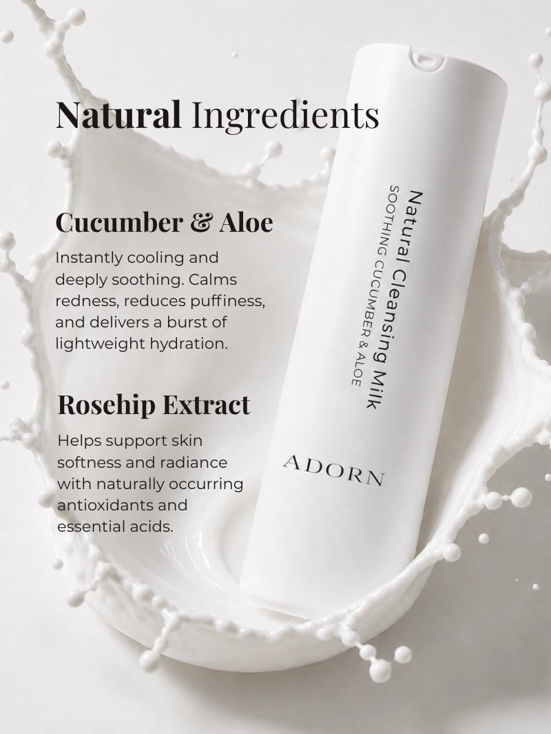 natural cleansing milk for mature skin bottle with natural ingredients text on a white background