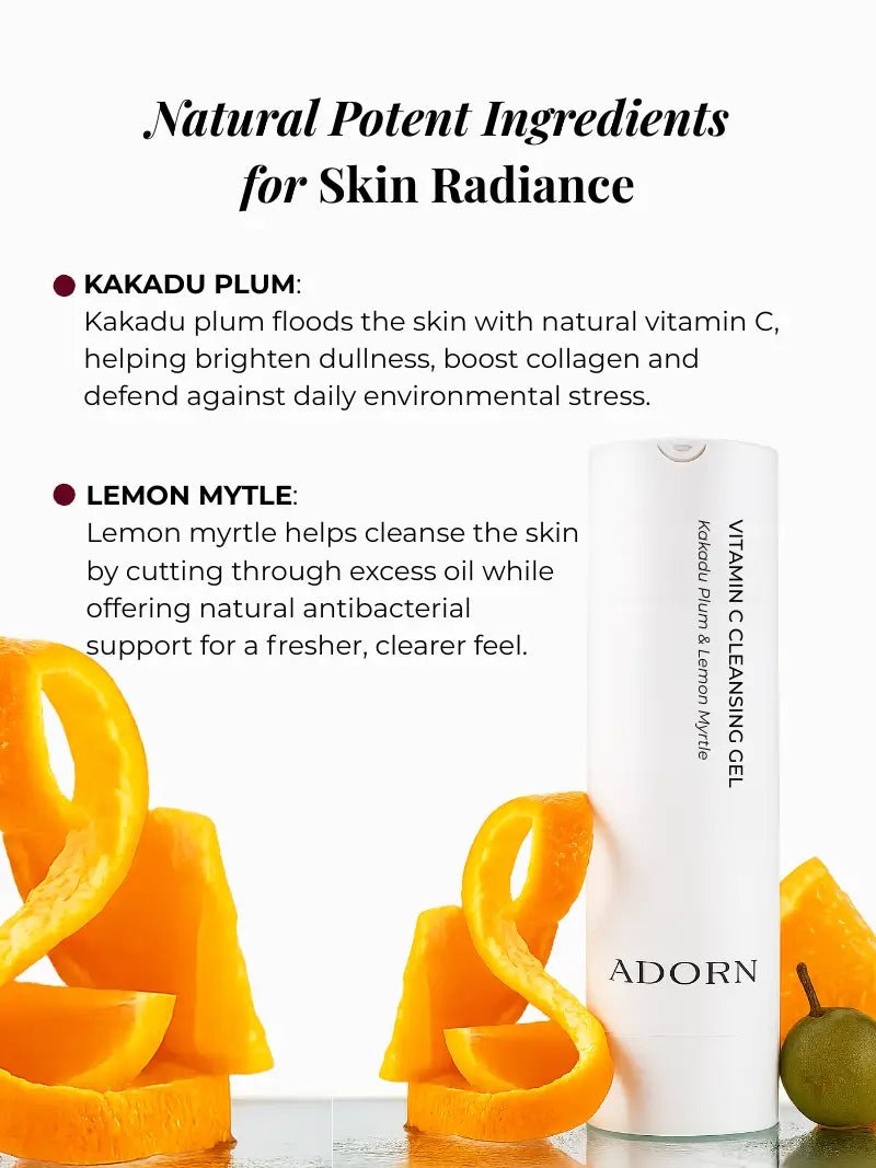 Face cleanser with vitamin c with natural ingredients listed for skin radiance, featuring Kakadu plum and Lemon Myrtle.