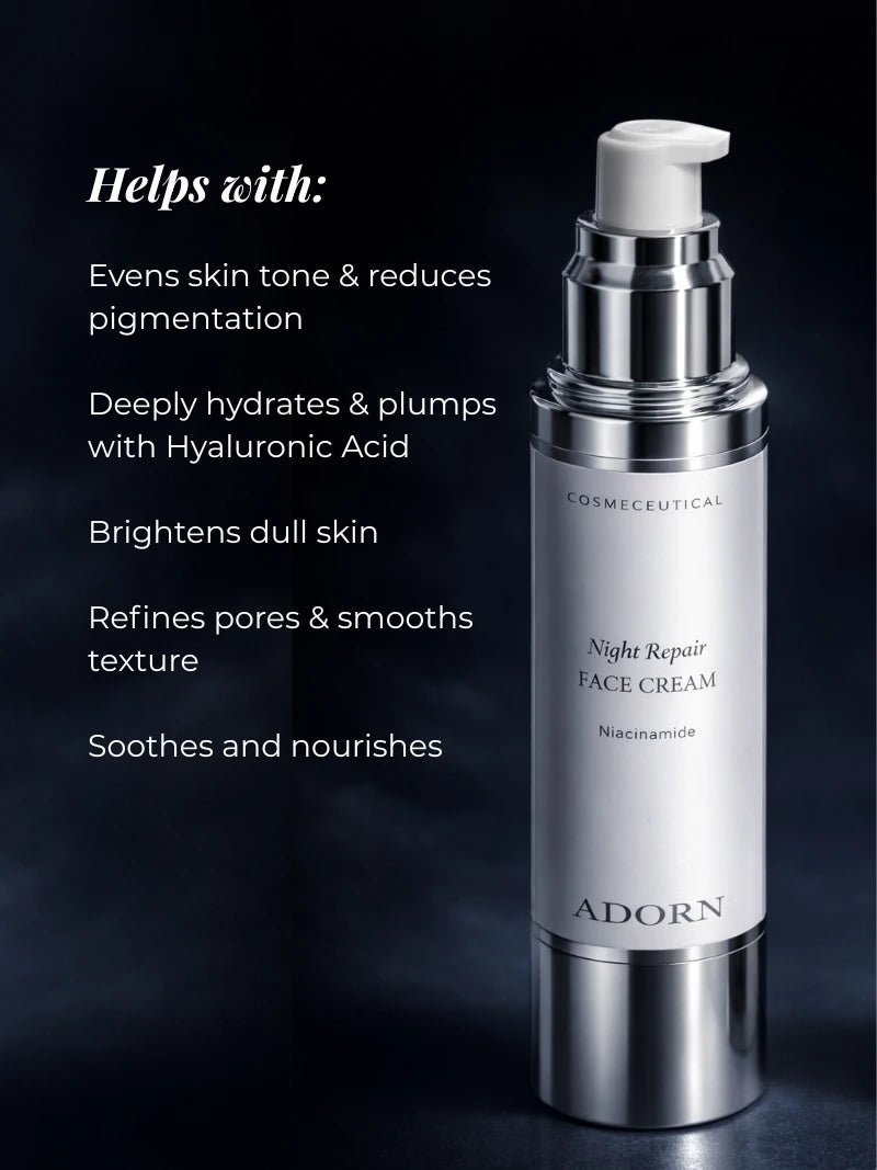 Adorn night repair face cream bottle with product benefits on a dark background