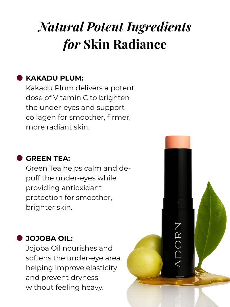 Product stick with natural ingredients for skin radiance, featuring Kakadu Plum, Green Tea, and Jojoba Oil, on a white background.