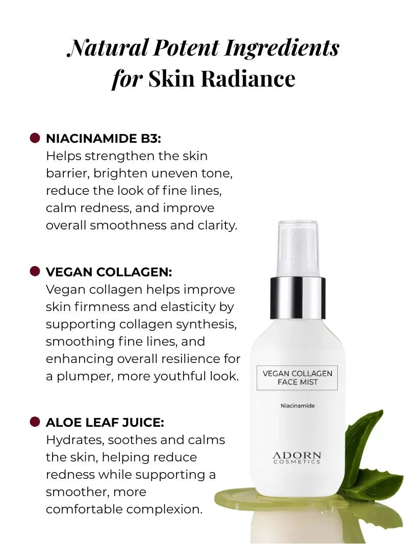 Collagen Repair Face Mist ingredient guide featuring niacinamide, vegan collagen and aloe vera