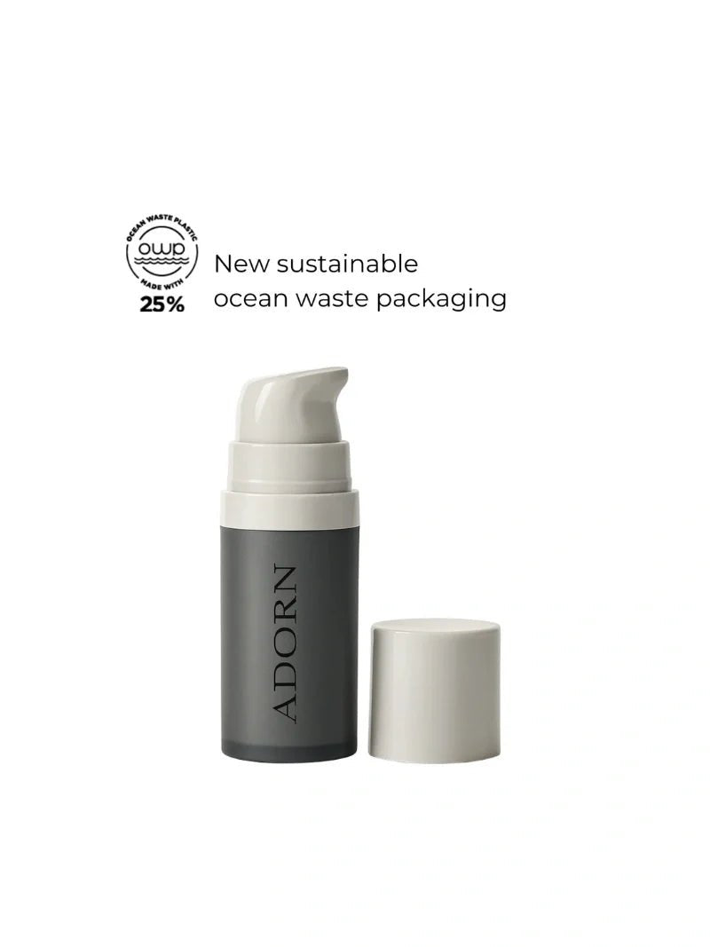 Adorn Hyaluronic Acid Eye Cream pump bottle made with ocean-waste plastic