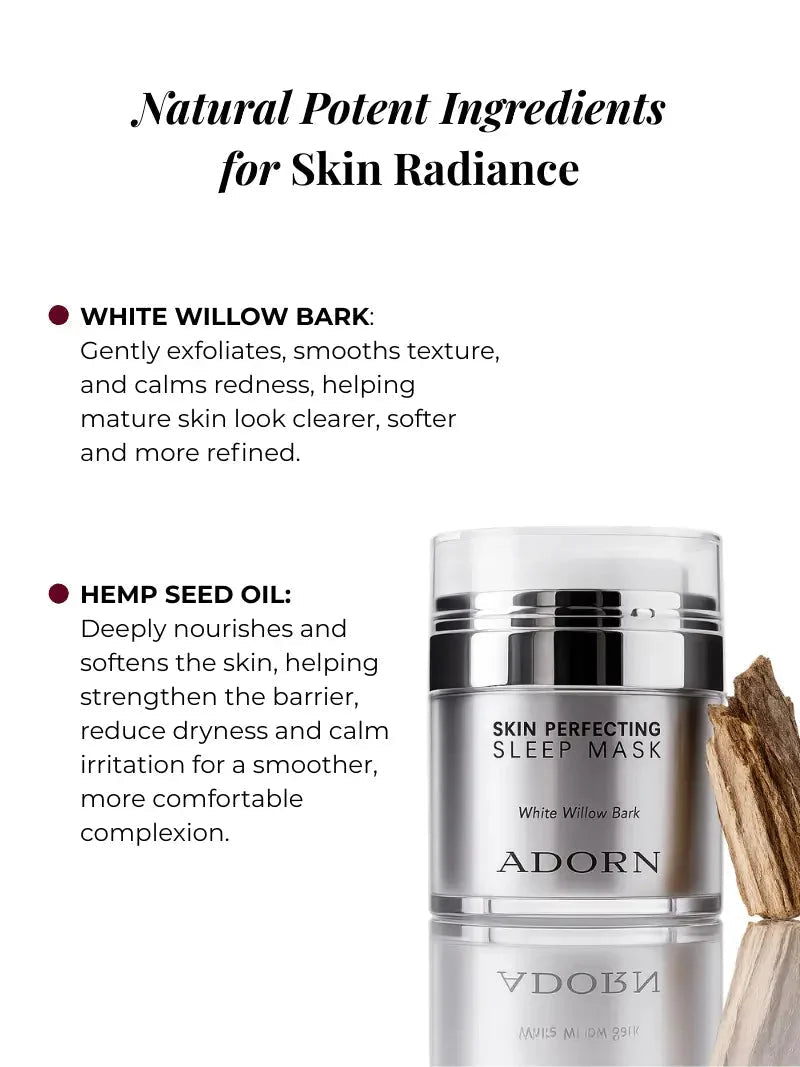Overnight Repair Gel Mask ingredient guide featuring white willow bark and hemp seed oil