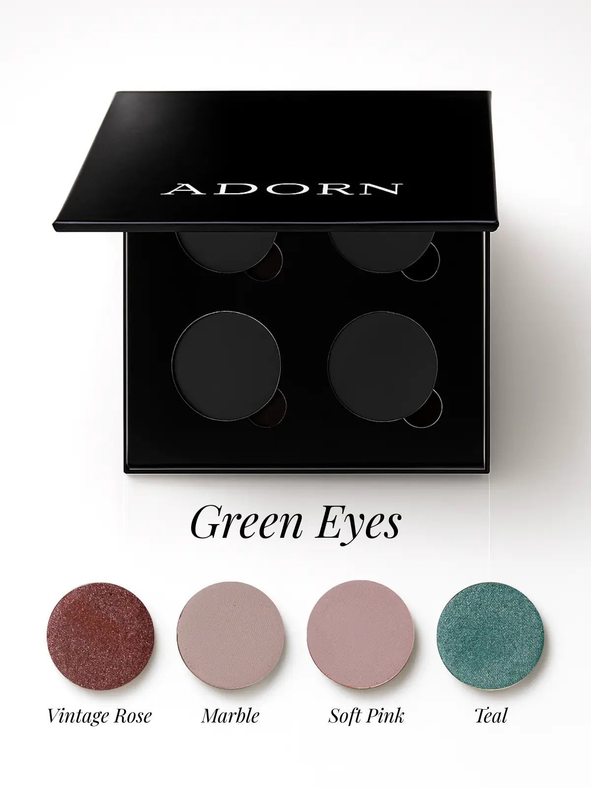 Makeup palette with 'Adorn' branding and color swatches labeled 'Green Eyes'.