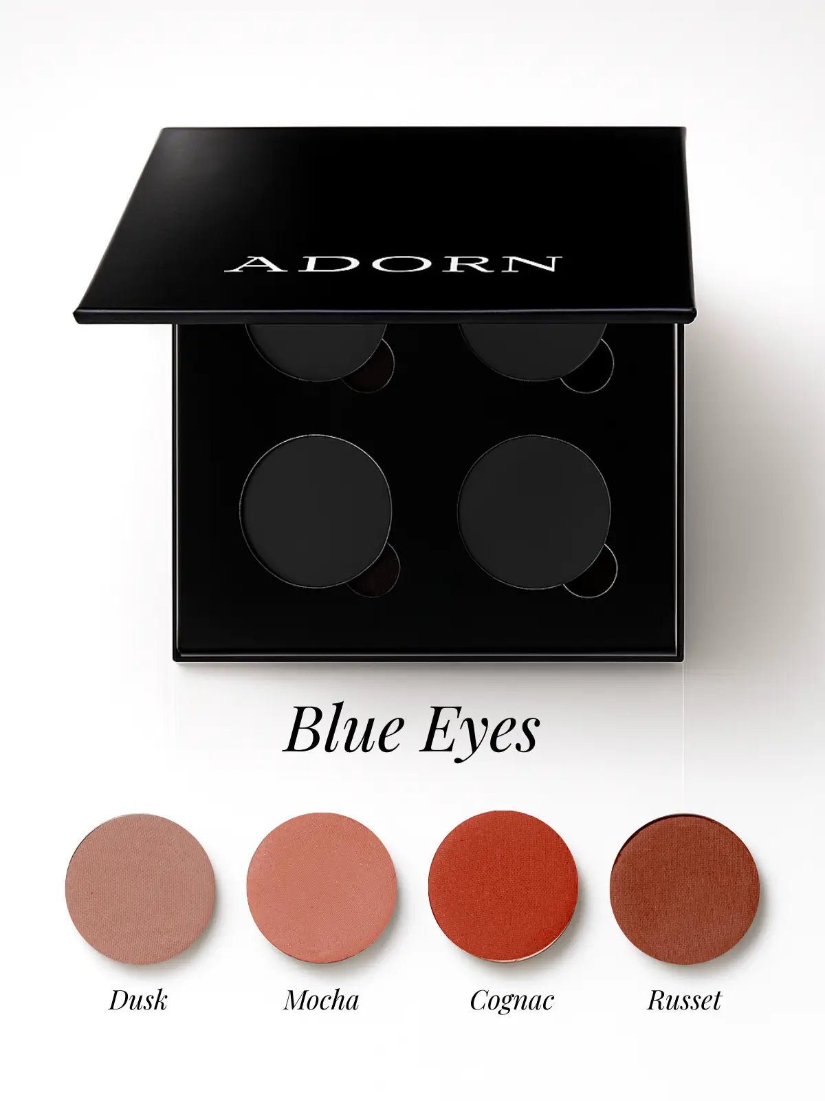 Makeup palette with 'Adorn' branding and color swatches labeled 'Blue Eyes' on a white background.