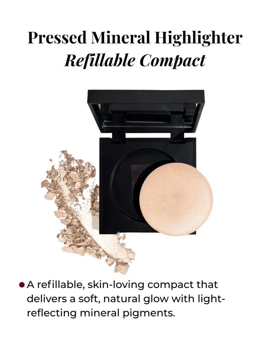 Pressed mineral highlighter refillable compact with open case on a white background