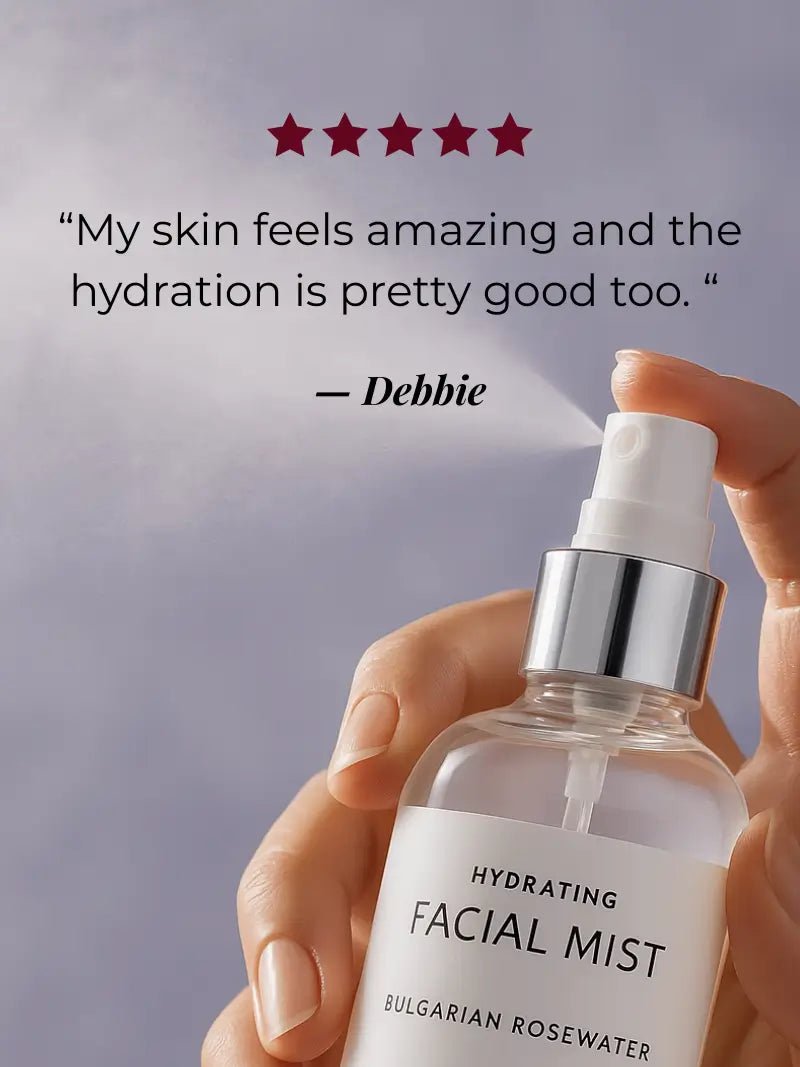 Hand holding a best hydrating facial mist bottle with a five-star rating and customer review on a gray background.
