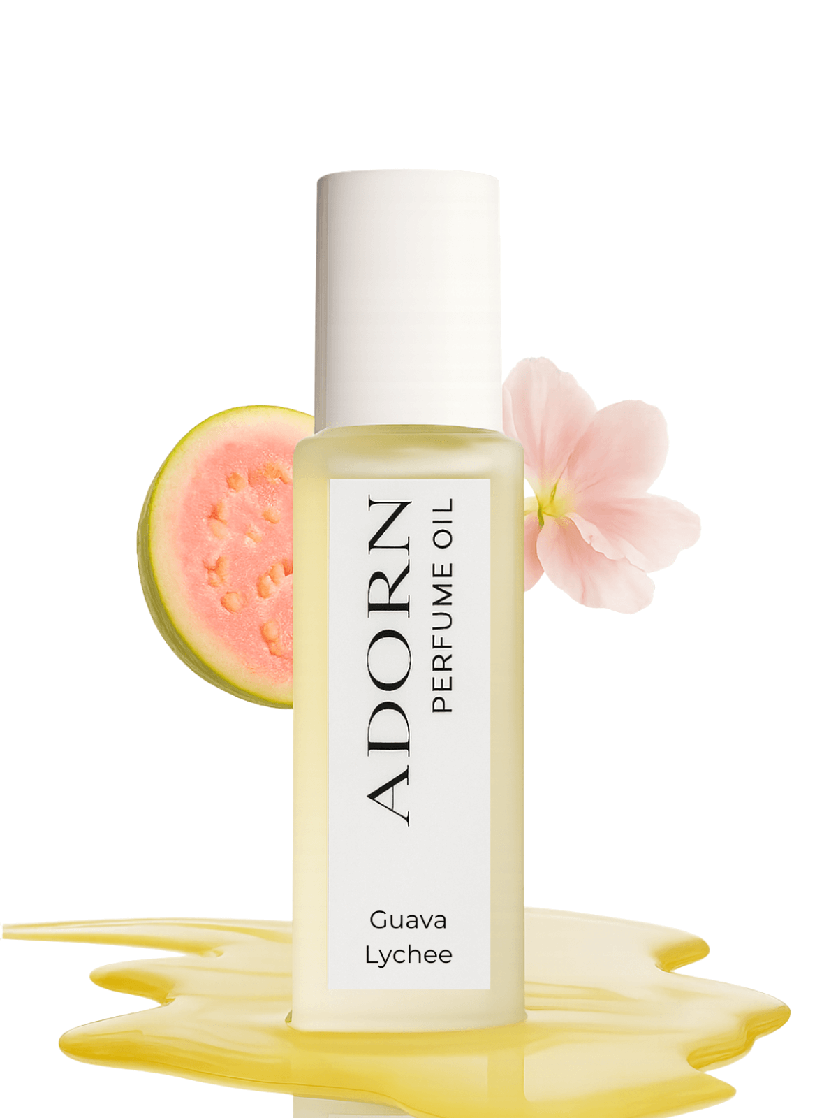 Adorn Guava Lychee roll on perfume oil bottle with a guava and flower on a white background