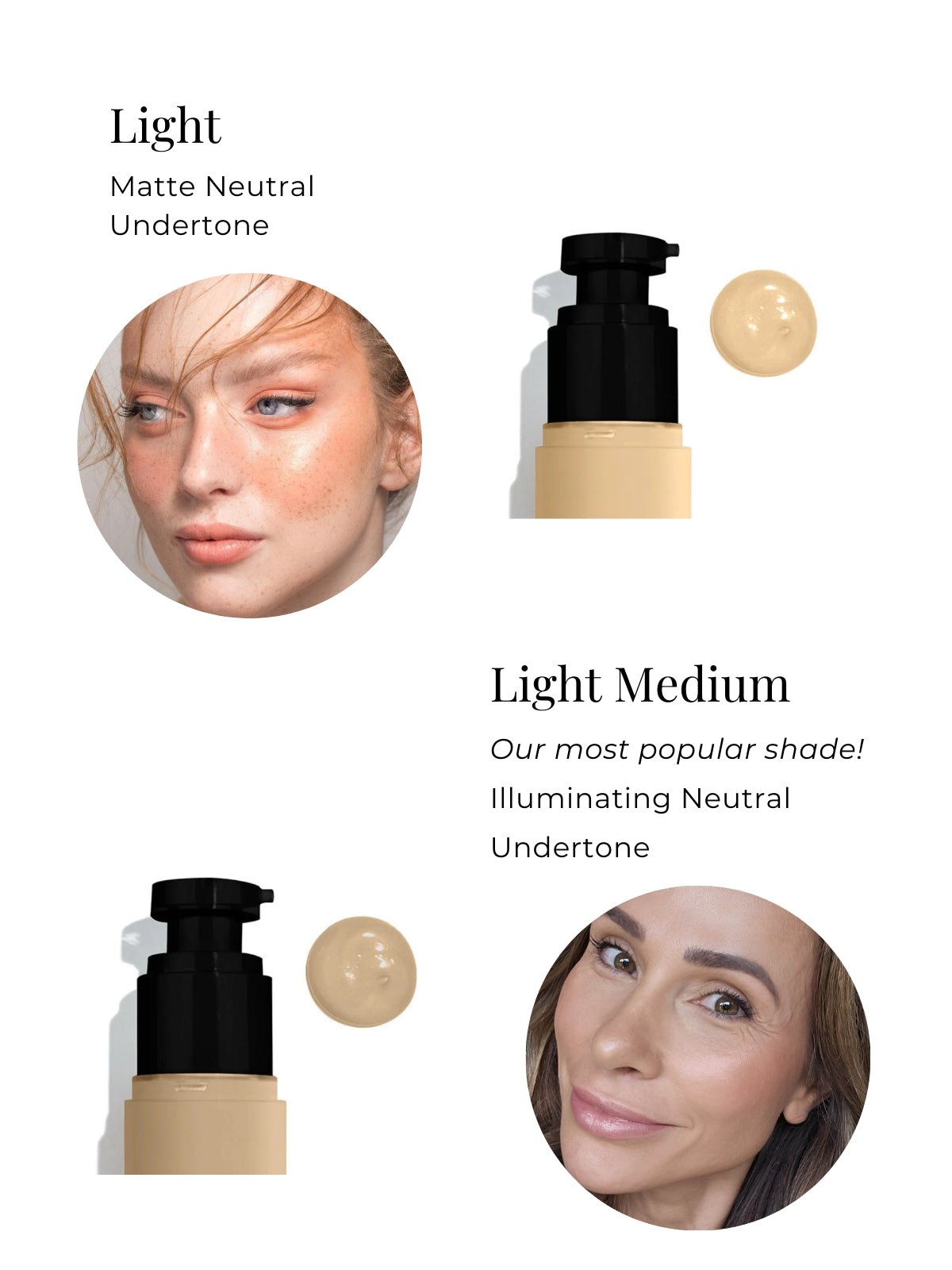 Cosmetic product with application on faces and text describing shade types.