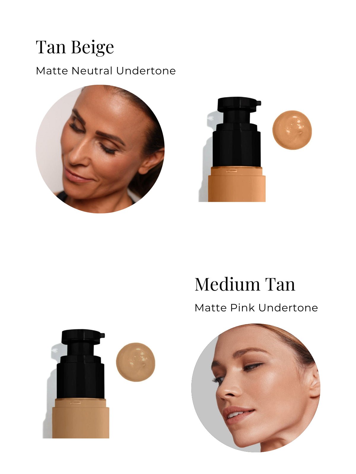 Cosmetic product with application on skin and color swatches labeled 'Tan Beige' and 'Medium Tan'.