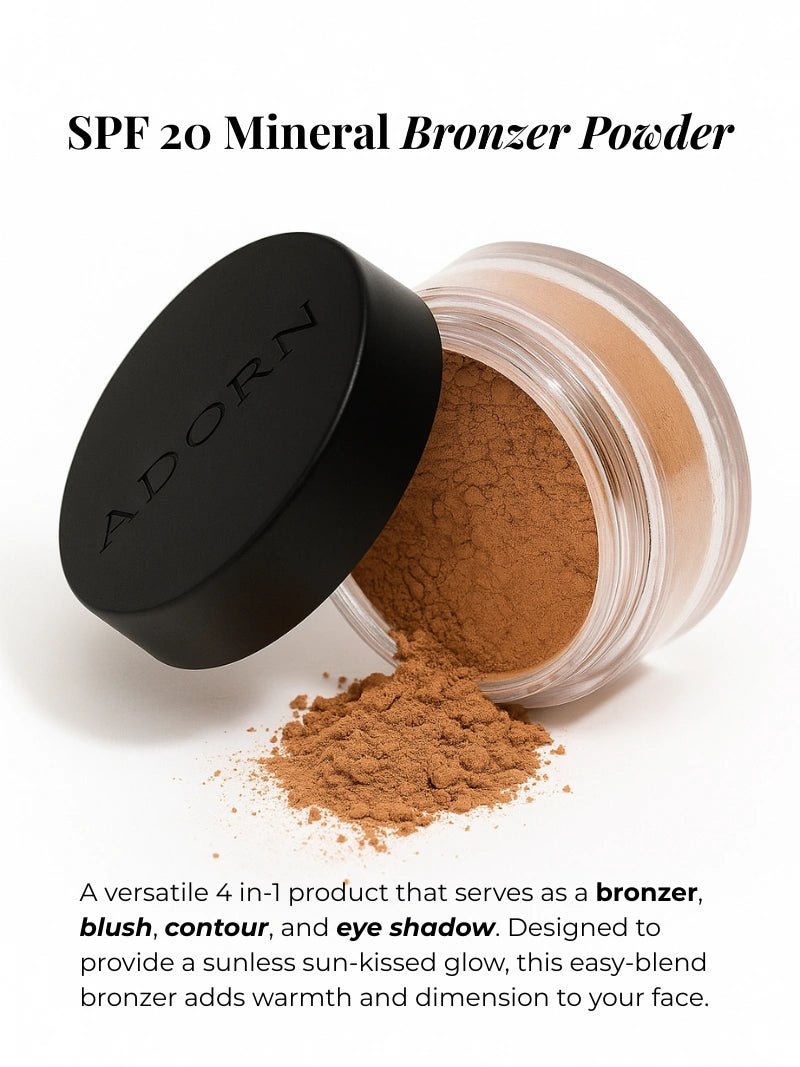 SPF 20 Mineral Bronzer Powder with open container on a white background