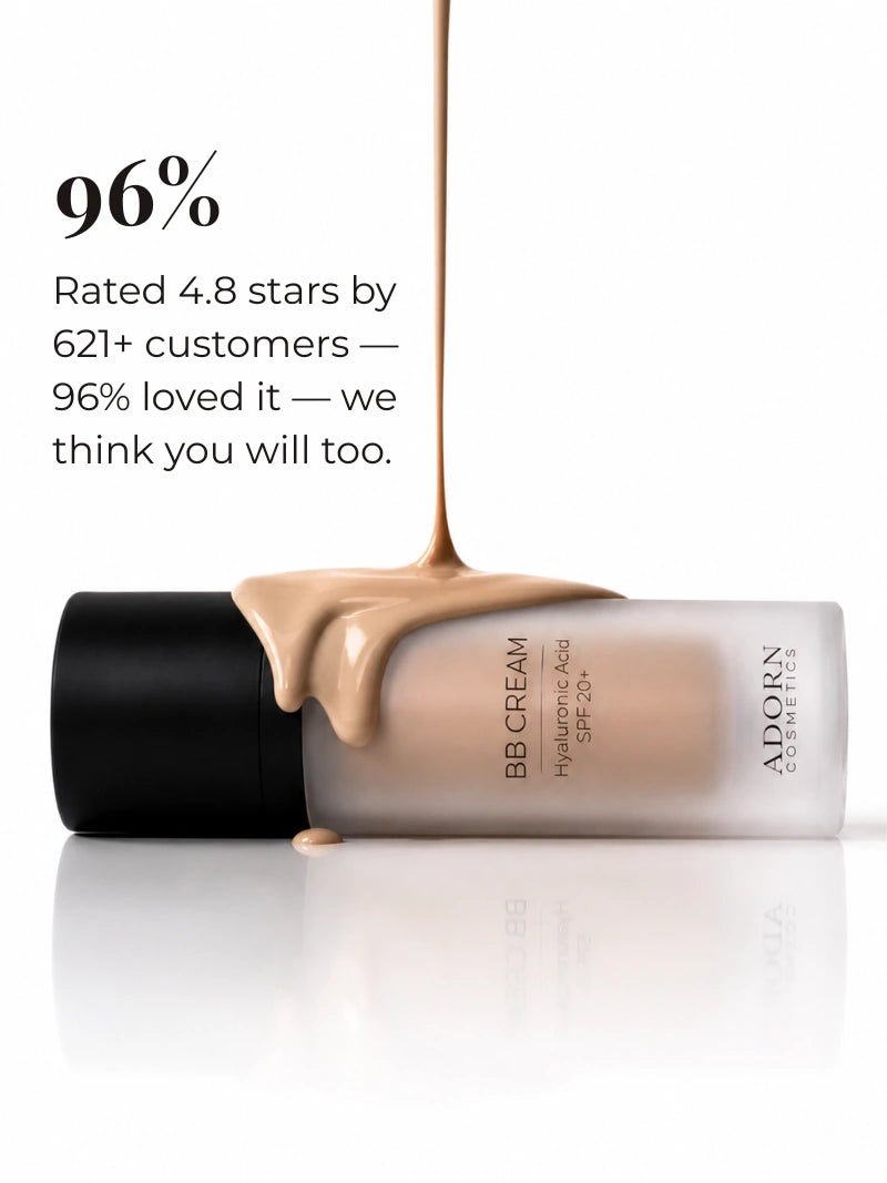 Adorn SPF 20 Natural BB Cream with hyaluronic acid, hydrating mineral BB cream with light to medium coverage, smooth radiant finish foundation, 96 percent customer rating, clean Australian-made beauty product with creamy texture on white background