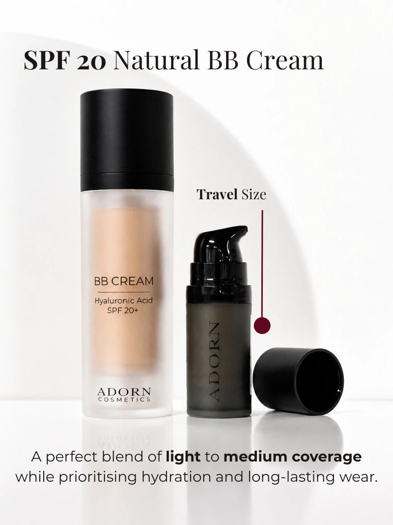 SPF 20 Natural BB Cream by Adorn Cosmetics with hyaluronic acid, light to medium coverage hydrating, full size bottle with travel size pump.