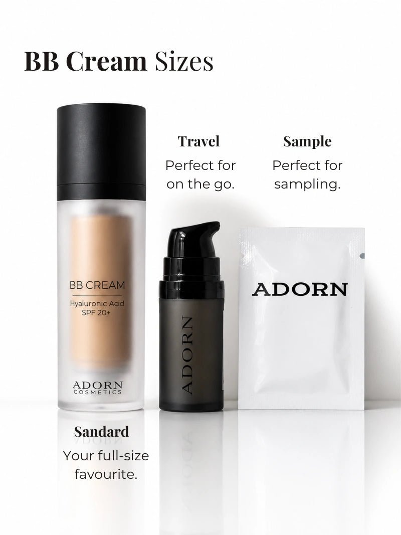 Adorn Cosmetics BB Cream sizes comparison showing standard 30ml mineral BB cream with SPF 20+, travel pump bottle and sample sachet on a clean white background, illustrating makeup size options for everyday use and on-the-go application