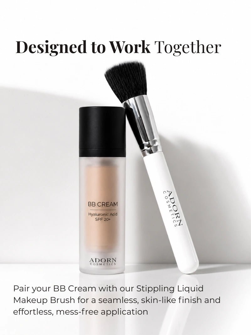 Adorn Cosmetics SPF 20 Natural BB Cream with hyaluronic acid paired with stippling liquid makeup brush, seamless skin-like finish foundation application, clean beauty product.