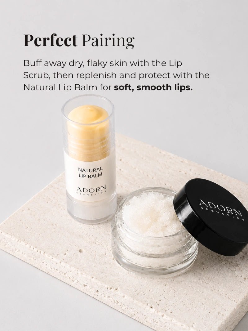 Natural lip care products: scrub, balm and lip oil — daily lip care routine