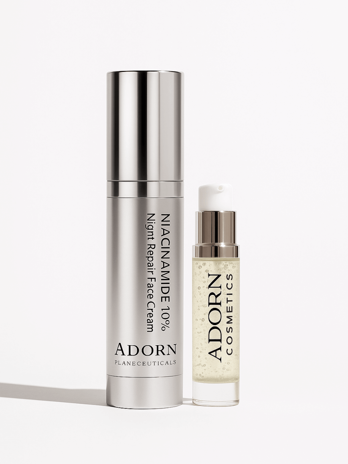 Two skincare products from Adorn Cosmetics on a white background