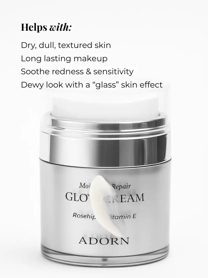 Skincare cream jar with text on a white background
