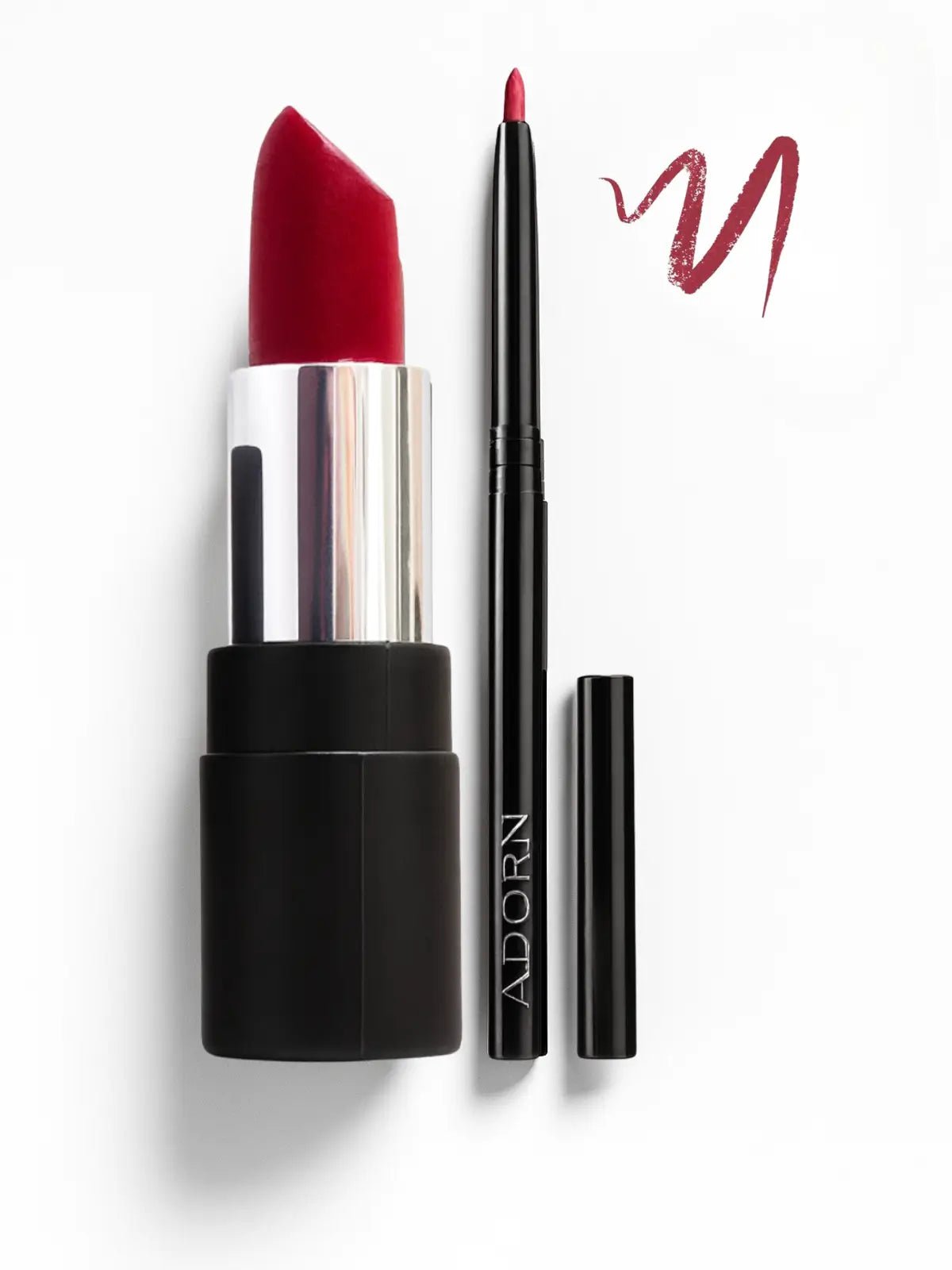Red lipstick and applicator with 'Adorn' branding on a white background