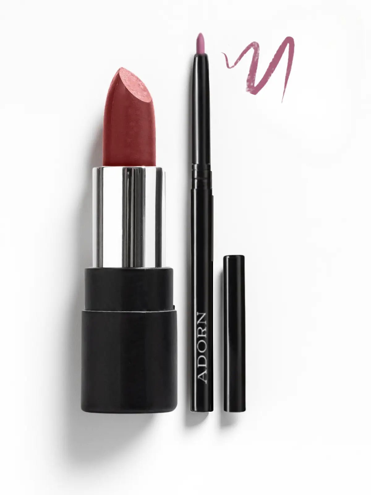 Lipstick and lip liner set with 'Adorn' branding on a white background