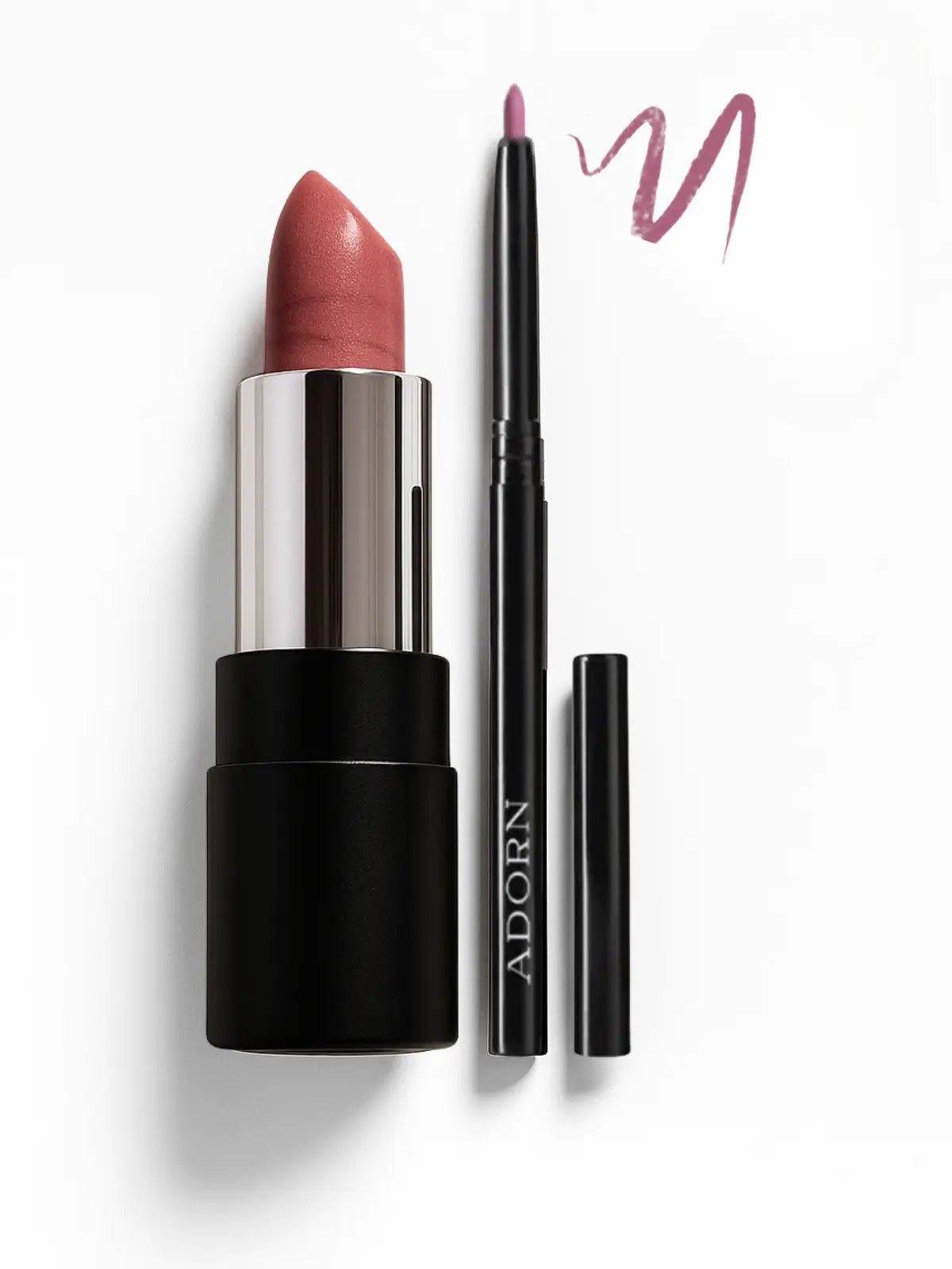natural lipstick and lip liner set with 'Adorn' branding on a white background