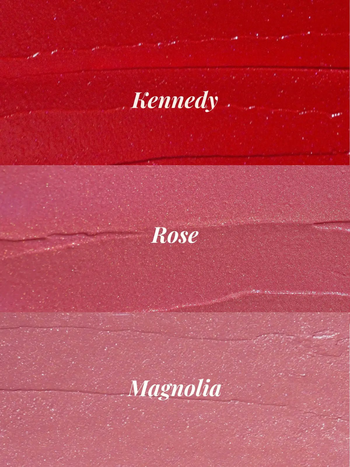 Color swatches labeled 'Kennedy', 'Rose', and 'Magnolia' on a red background.
