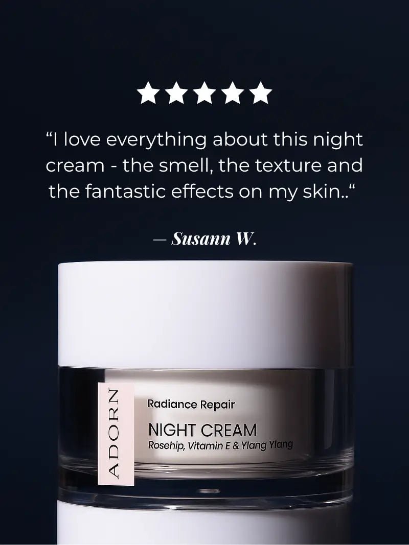 best night cream for glowing skin jar with customer review on a dark background