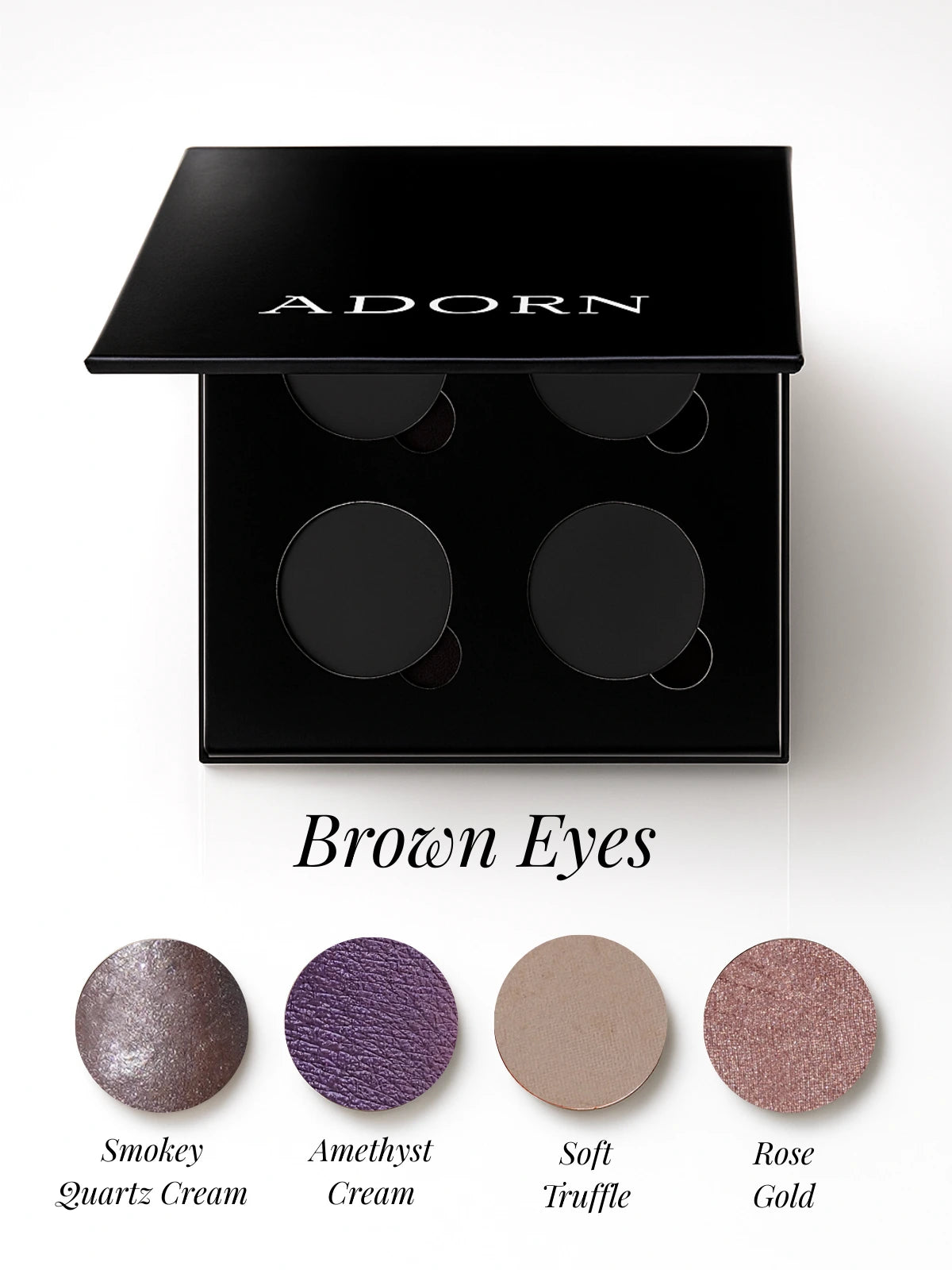 Makeup palette with 'Adorn' branding and color swatches labeled 'Brown Eyes'.